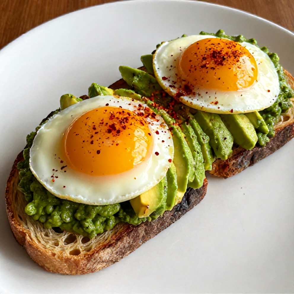 Pesto eggs on avocado toast with a sprinkle of red pepper flakes