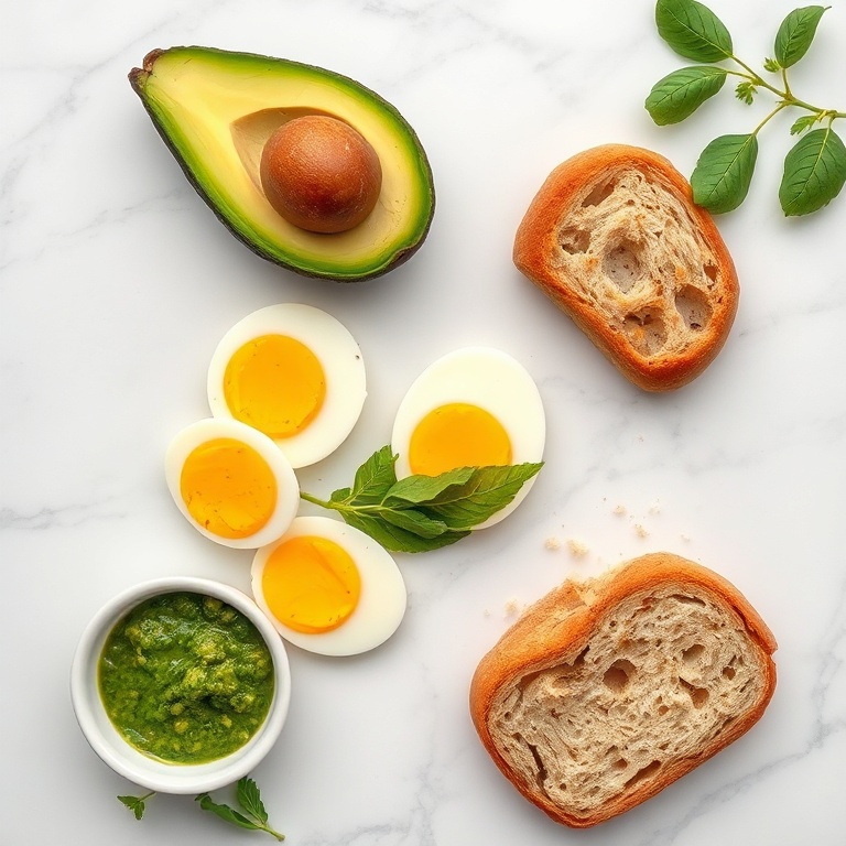 Avocado, eggs, pesto, and bread arranged on a white marble surface