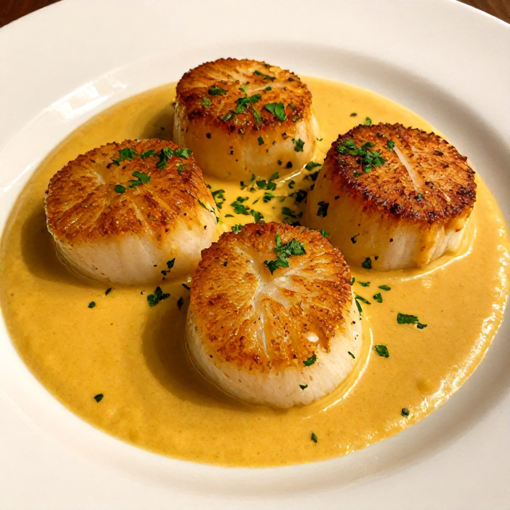 Plated Cajun Scallops in Creamy Mustard Sauce