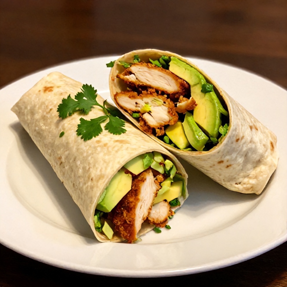 Plated chicken avocado wrap with a lemon wedge