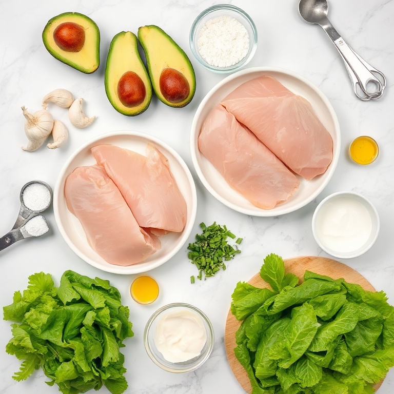 Raw ingredients for chicken avocado wrap on a marble surface