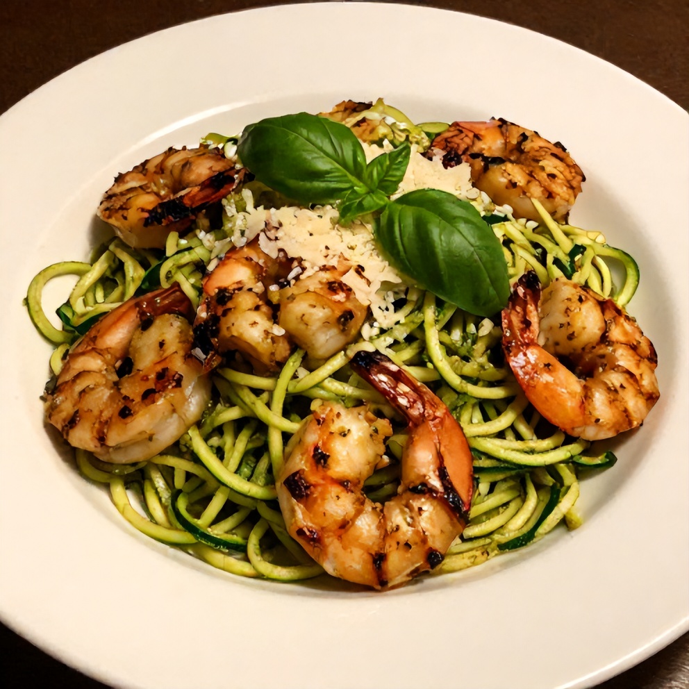 Finished Quick Zucchini Noodles with Pesto and Grilled Shrimp