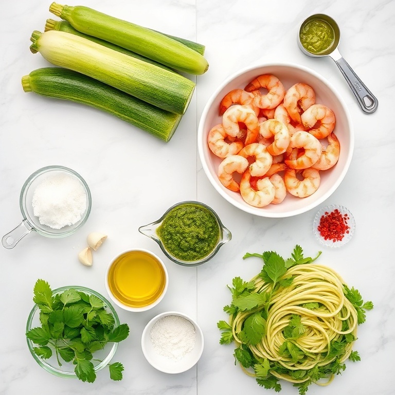 Raw Ingredients for Quick Zucchini Noodles with Pesto and Grilled Shrimp