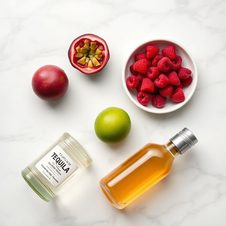 Raspberry, passionfruit, tequila, and other ingredients laid out