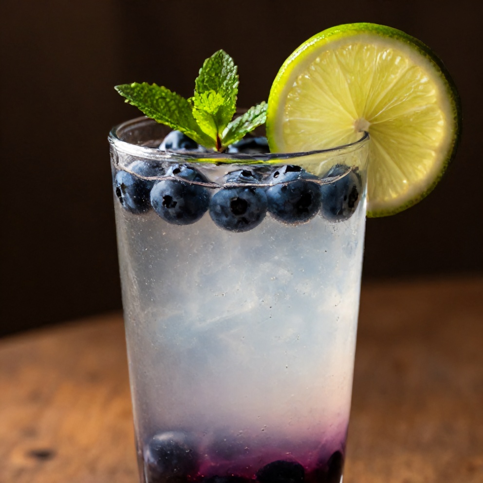 Blueberry Coconut Water Drink garnished with mint leaves