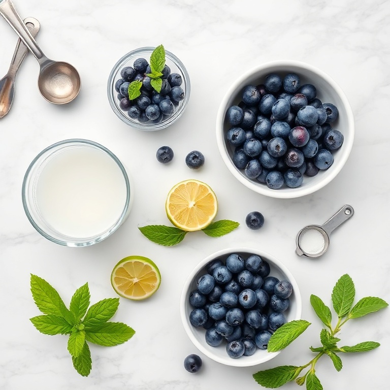 Blueberries, coconut water, lime, and mint on a wooden surface
