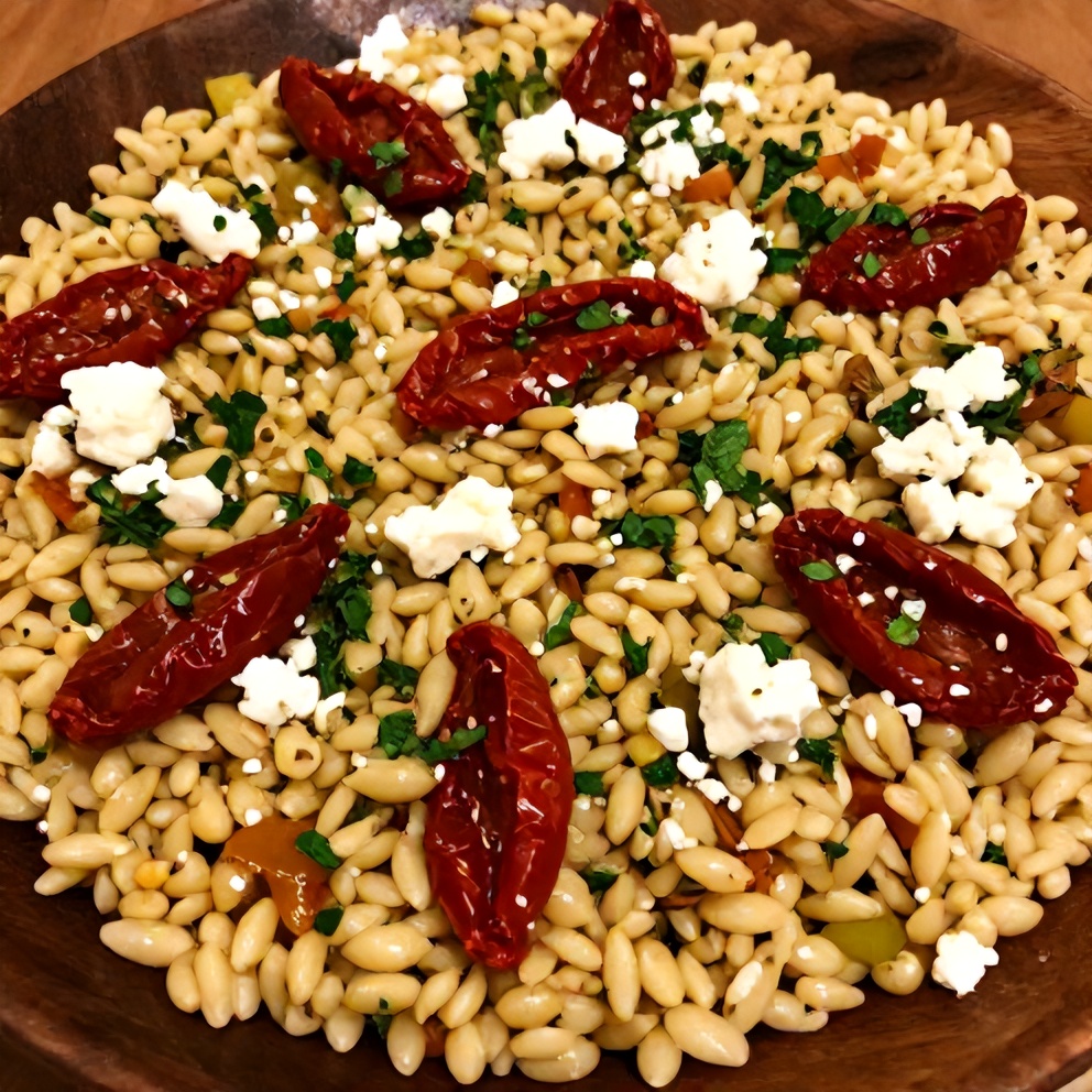 Plated orzo salad with sun-dried tomatoes, feta, and fresh herbs