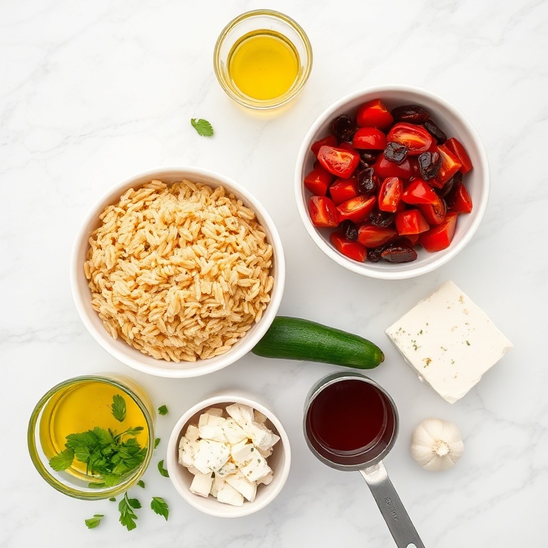 Raw ingredients for orzo salad with sun-dried tomatoes and feta