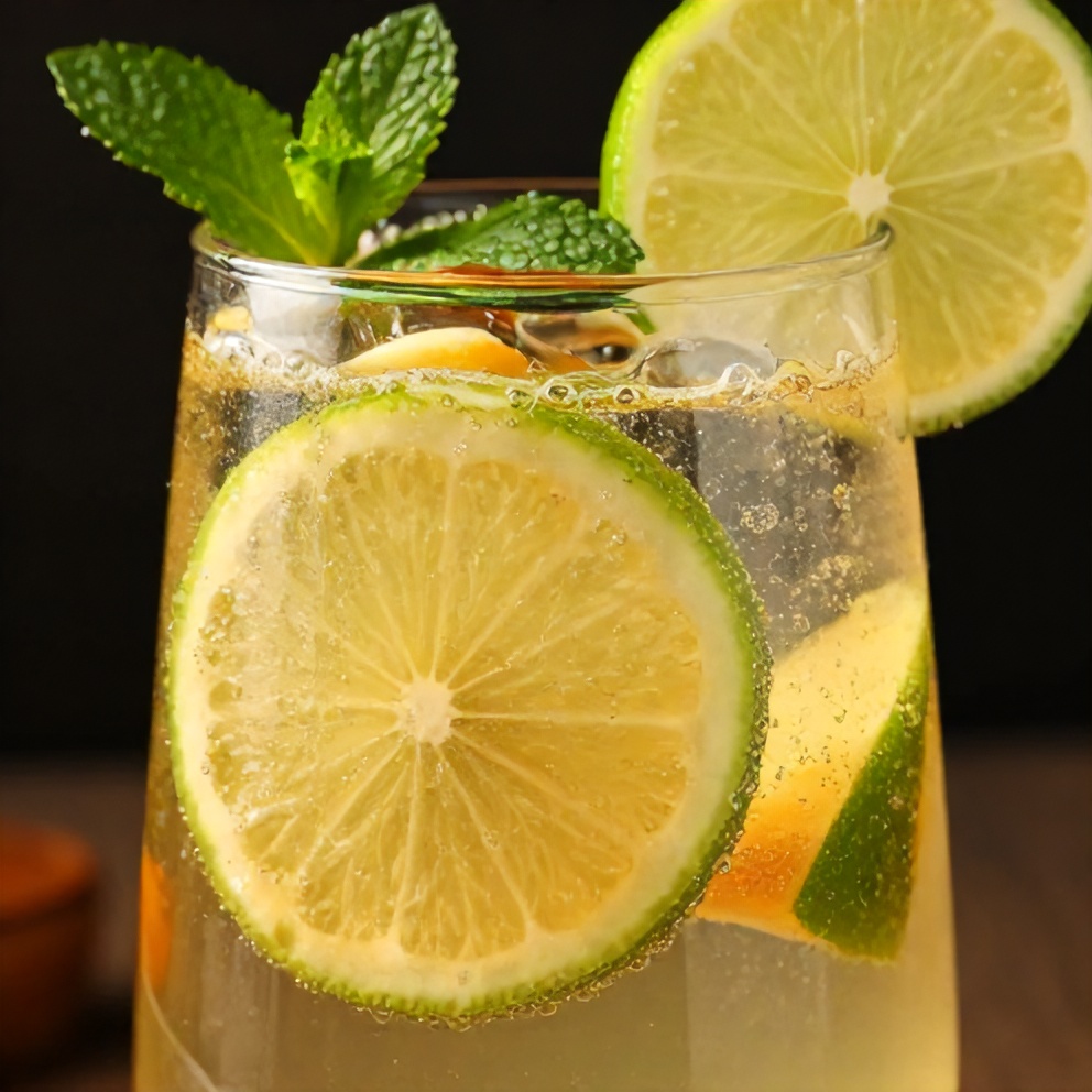 Glass of sparkling fruit punch with fruit slices