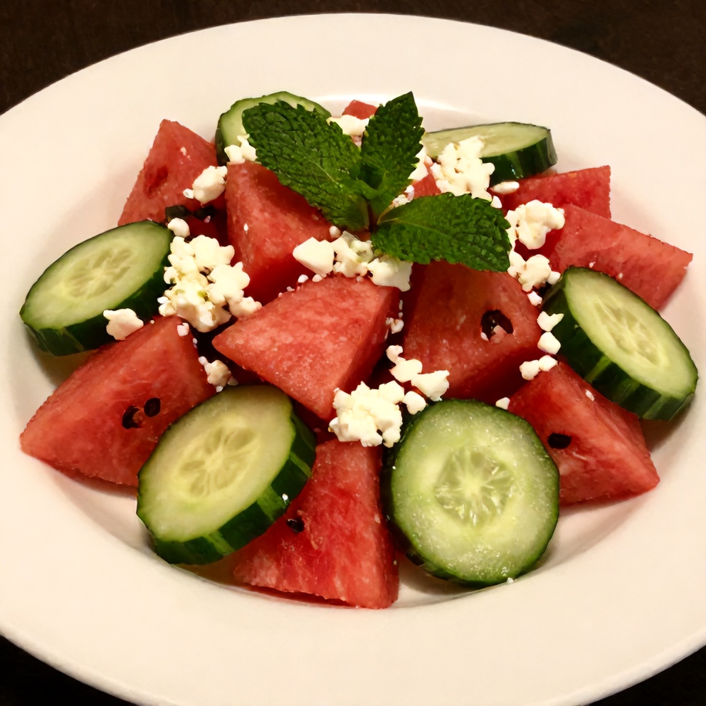 Plated serving of Watermelon Cucumber Salad