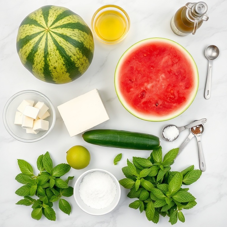 Raw ingredients for Watermelon Cucumber Salad