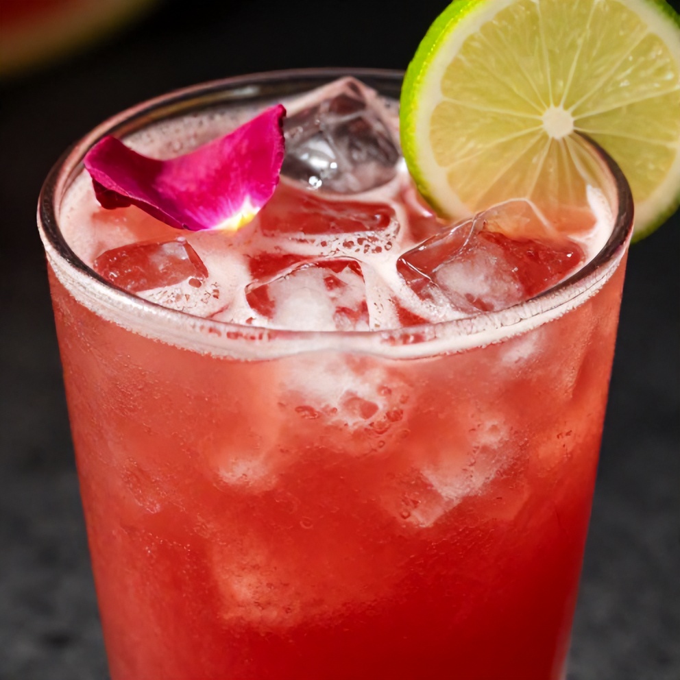 Watermelon Rose Cooler in a glass, garnished with a rose petal and lime wheel