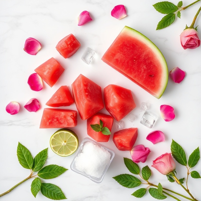 Watermelon, fresh roses, lime, sugar, and ice on a wooden surface