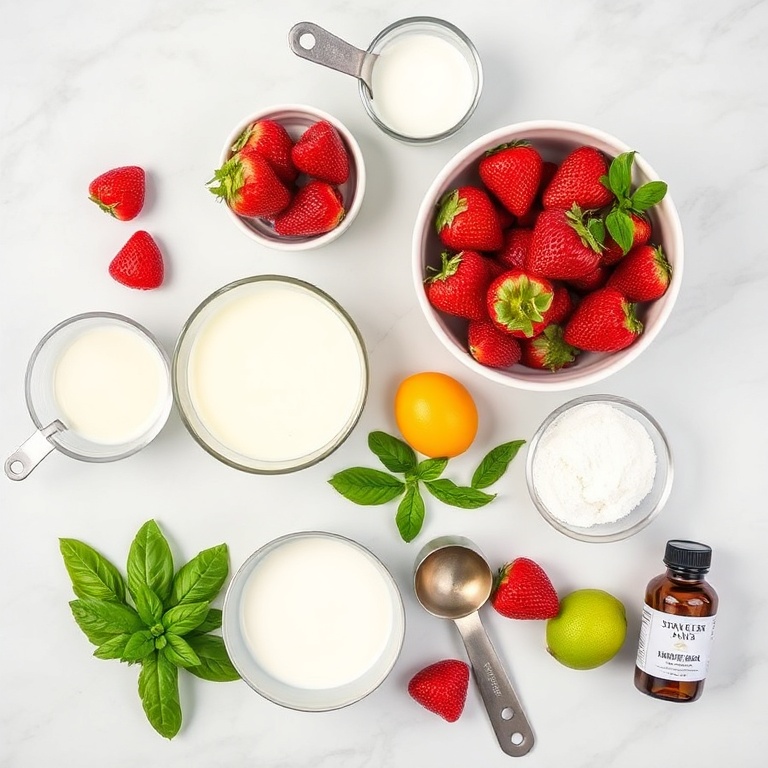 Ingredients for Roasted Strawberry Basil Ice Cream