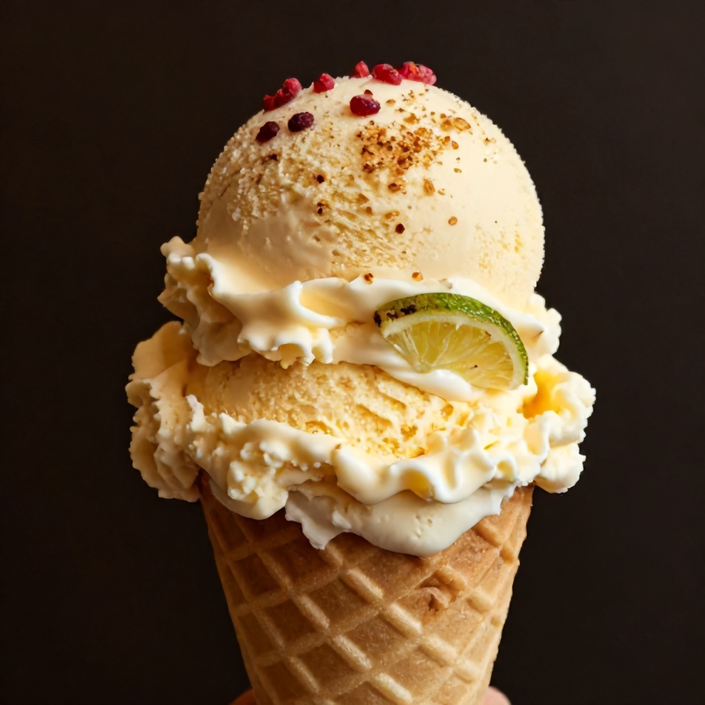 Scoop of Roasted Strawberry Lime Basil Ice Cream on a cone