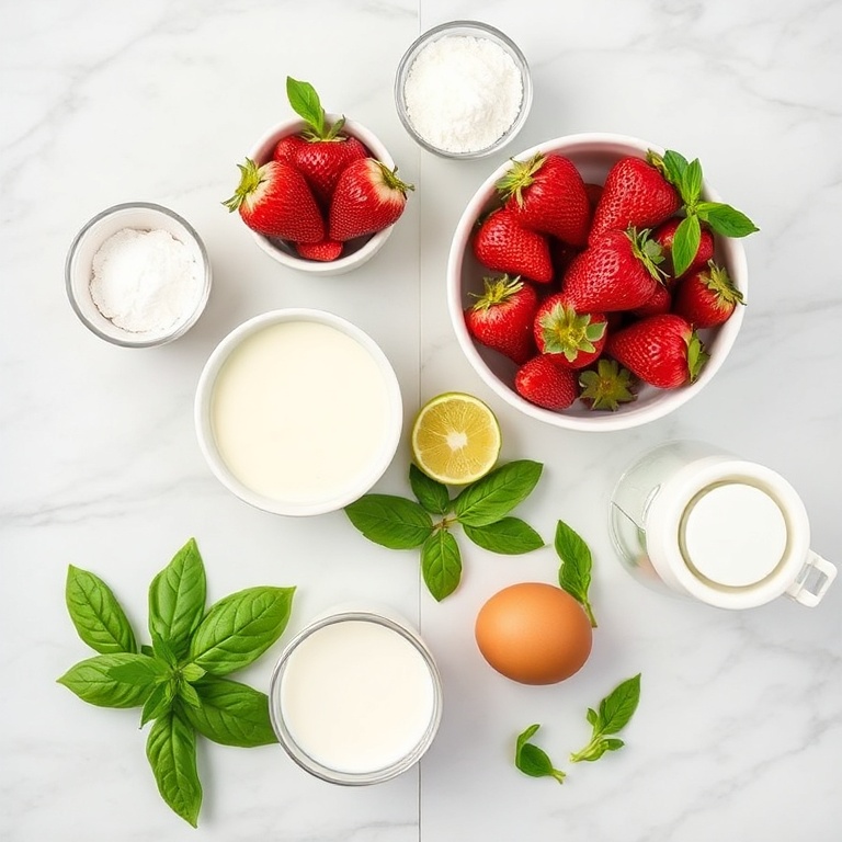 Raw ingredients for Roasted Strawberry Lime Basil Ice Cream