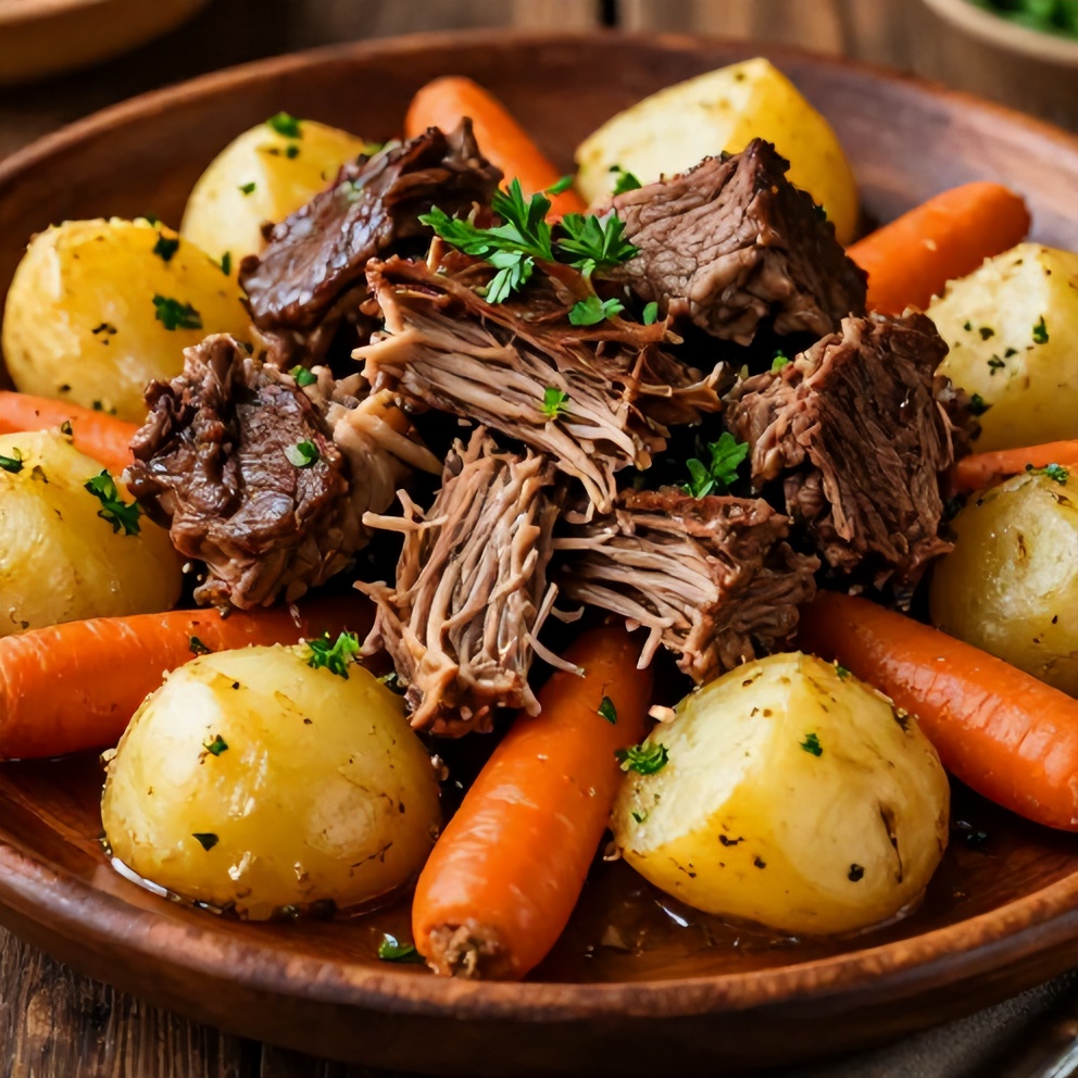 Plated slow cooker chuck roast with potatoes and carrots