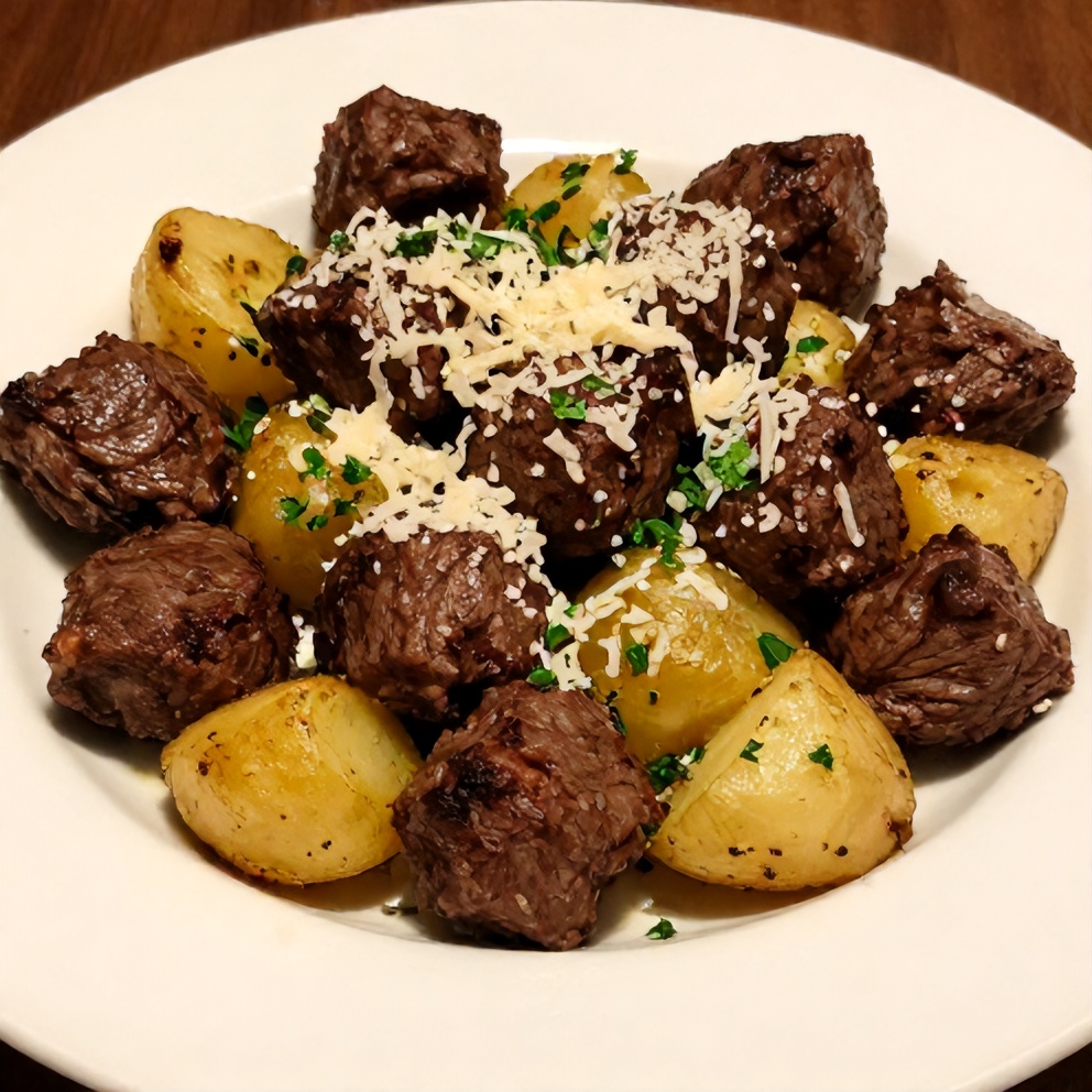 Plated garlic butter beef bites with potatoes