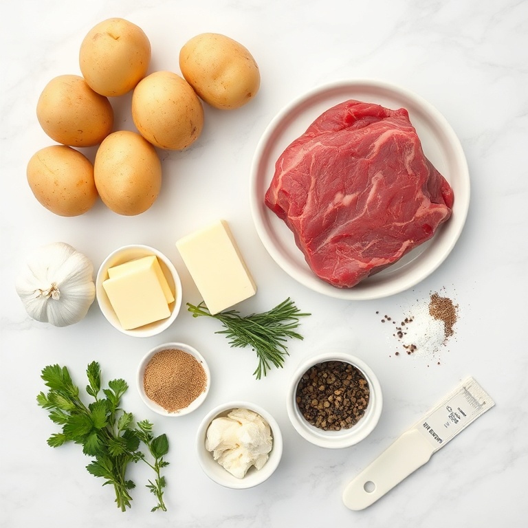 Raw ingredients for garlic butter beef bites with potatoes