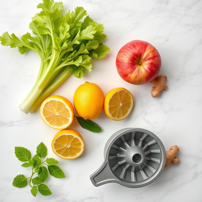 Celery, apples, lemon, ginger, and a juicer on a wooden surface