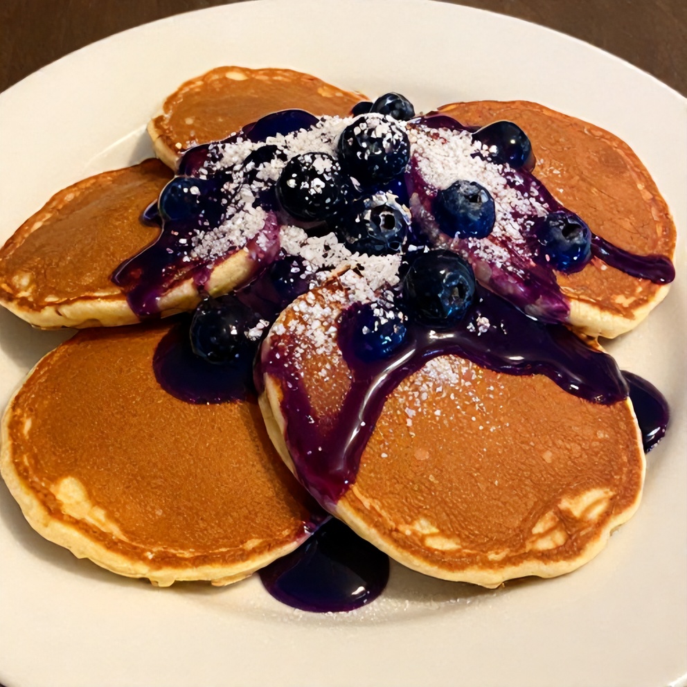 Pancakes drizzled with sugar free blueberry syrup