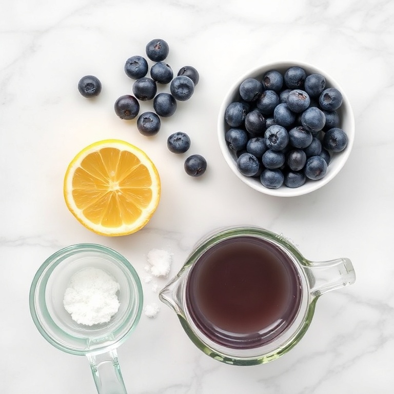 Blueberries, lemon juice, and sweetener on a wooden surface