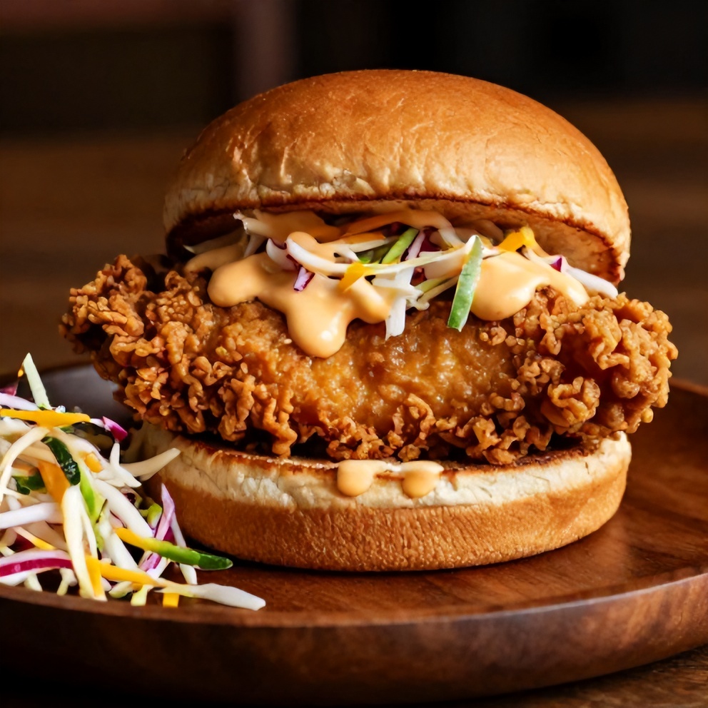 Thai Fried Chicken Sandwich plated with a side of slaw