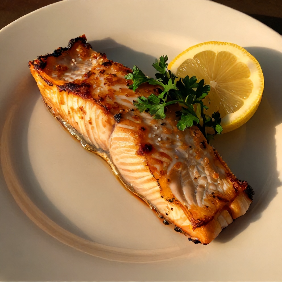 Plated 5 ingredient baked salmon with lemon wedge and fresh parsley