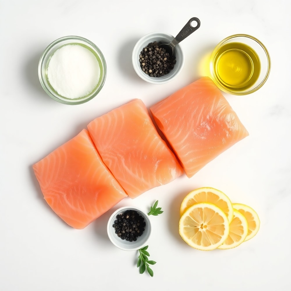 Raw ingredients for 5 ingredient baked salmon: salmon fillets, olive oil, salt, pepper, lemon slices