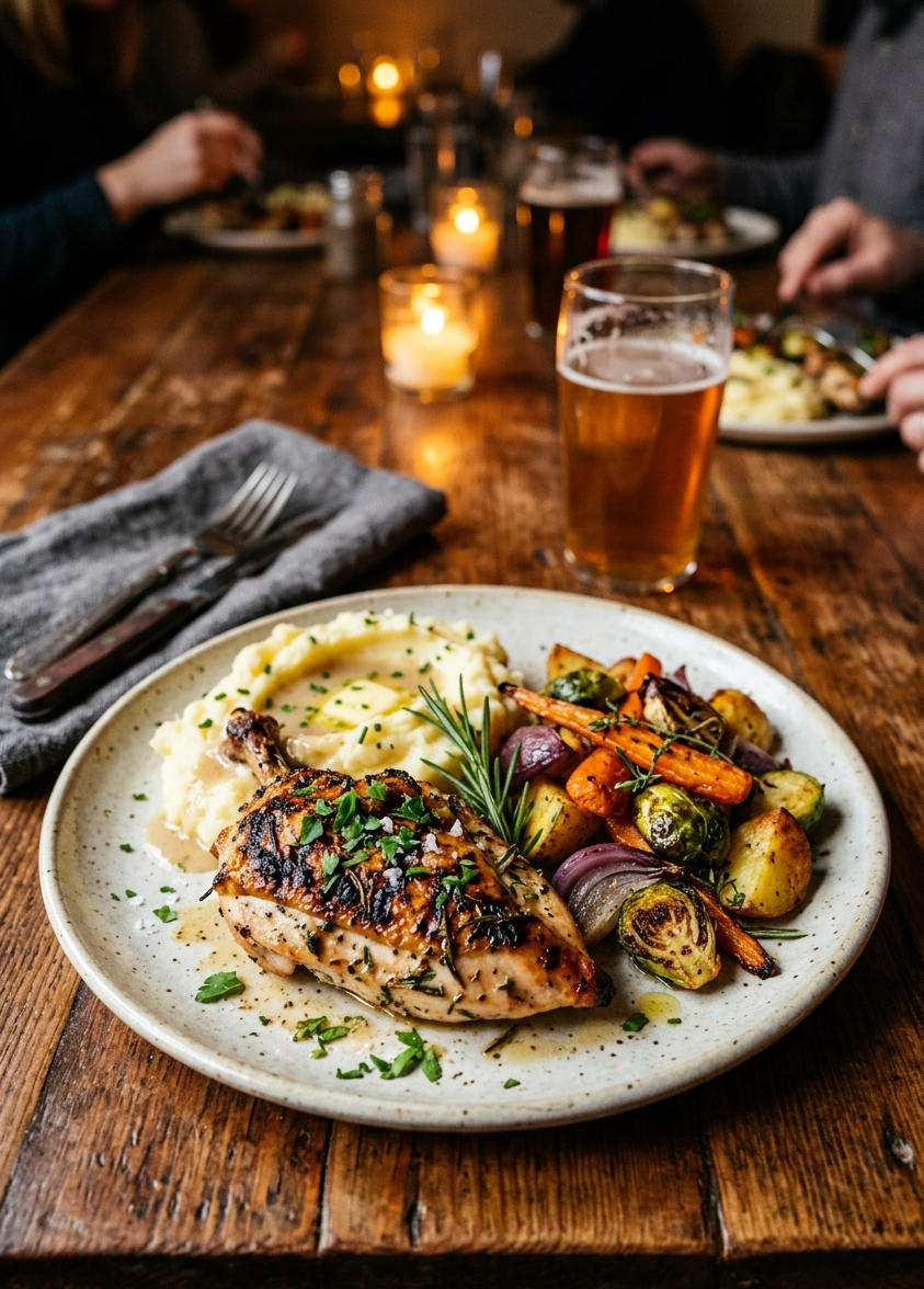 Alt Delicious main dish featuring grilled chicken and roasted vegetables.