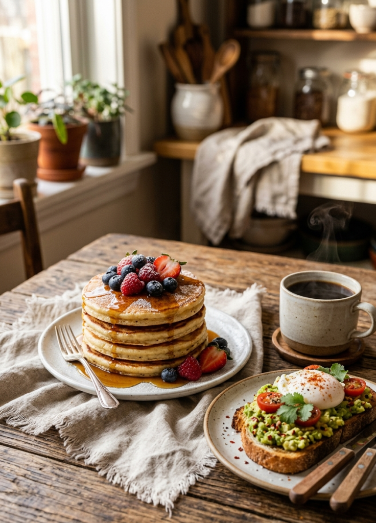 Alt Easy breakfast recipe with pancakes, berries, and hot coffee.