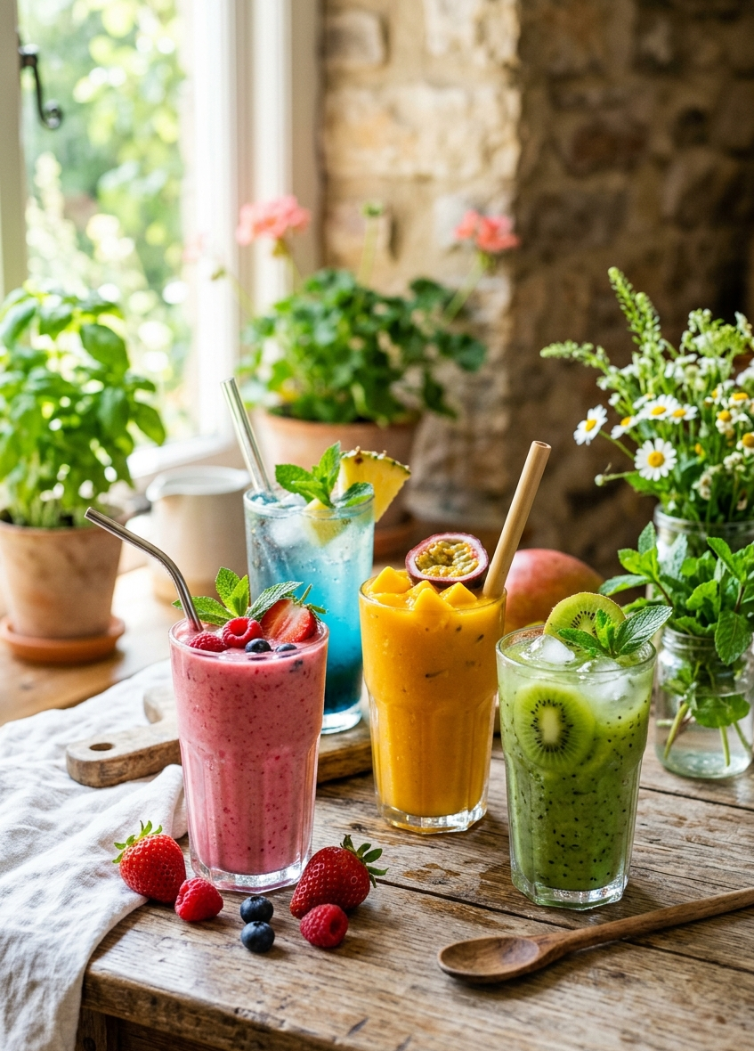 Alt Fresh fruit smoothies and healthy homemade drinks in elegant glasses.