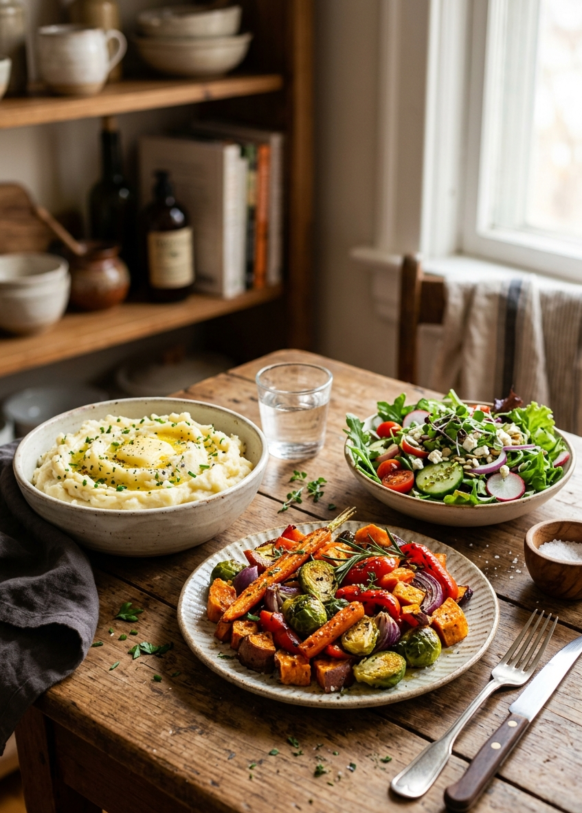 Alt Healthy side dishes with roasted vegetables, mashed potatoes, and fresh salad.