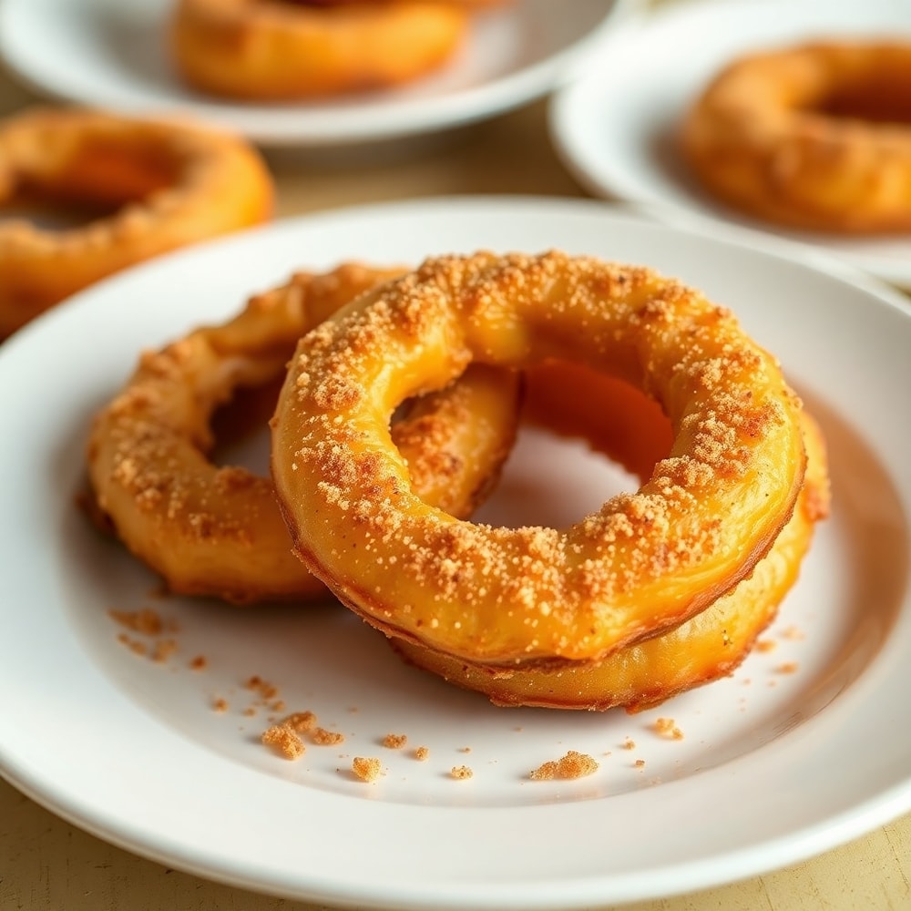 Plated Air Fryer Cinnamon Apple Rings on a white plate