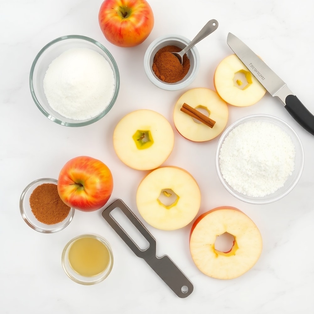 Raw ingredients for Air Fryer Cinnamon Apple Rings on a white marble surface