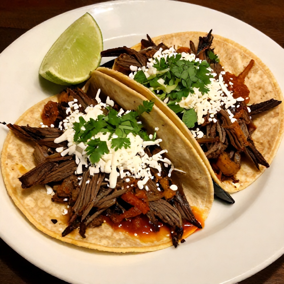 Plated Pot Birria Tacos with lime wedges and cilantro