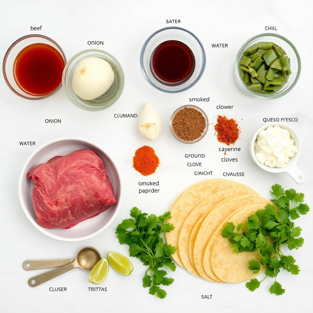 Raw ingredients for Pot Birria Tacos on a wooden surface