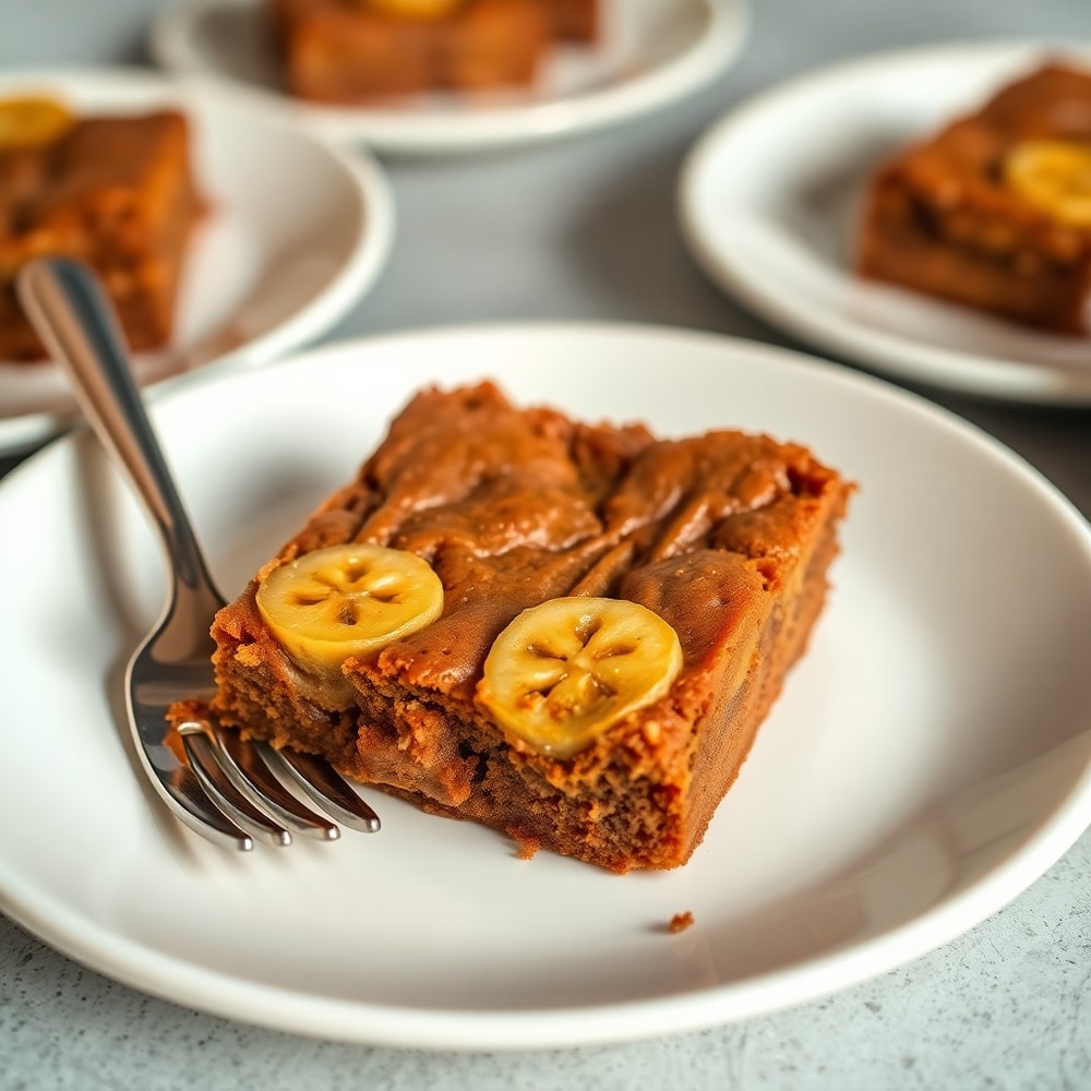 Banana bread brownies on a plate with a fork