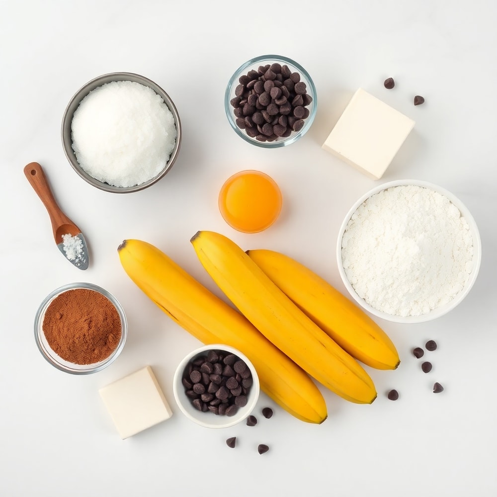 Banana bread brownies ingredients: ripe bananas, sugar, butter, eggs, flour, cocoa powder, baking soda, salt