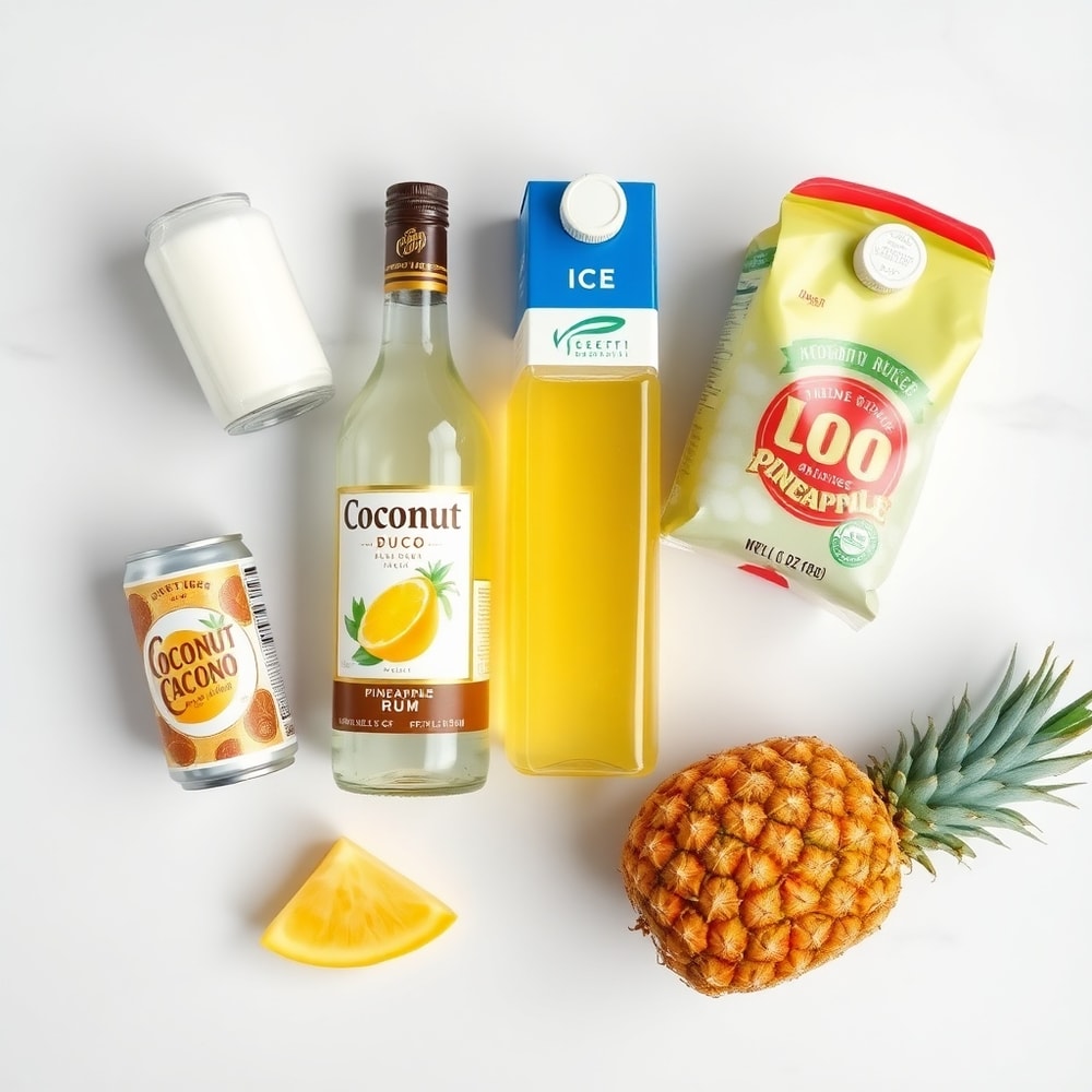 An overhead shot of the ingredients for Batida de Coco: coconut milk, coconut rum, pineapple juice, ice, sugar, and a pineapple wedge, arranged on a white marble surface with bright even light.