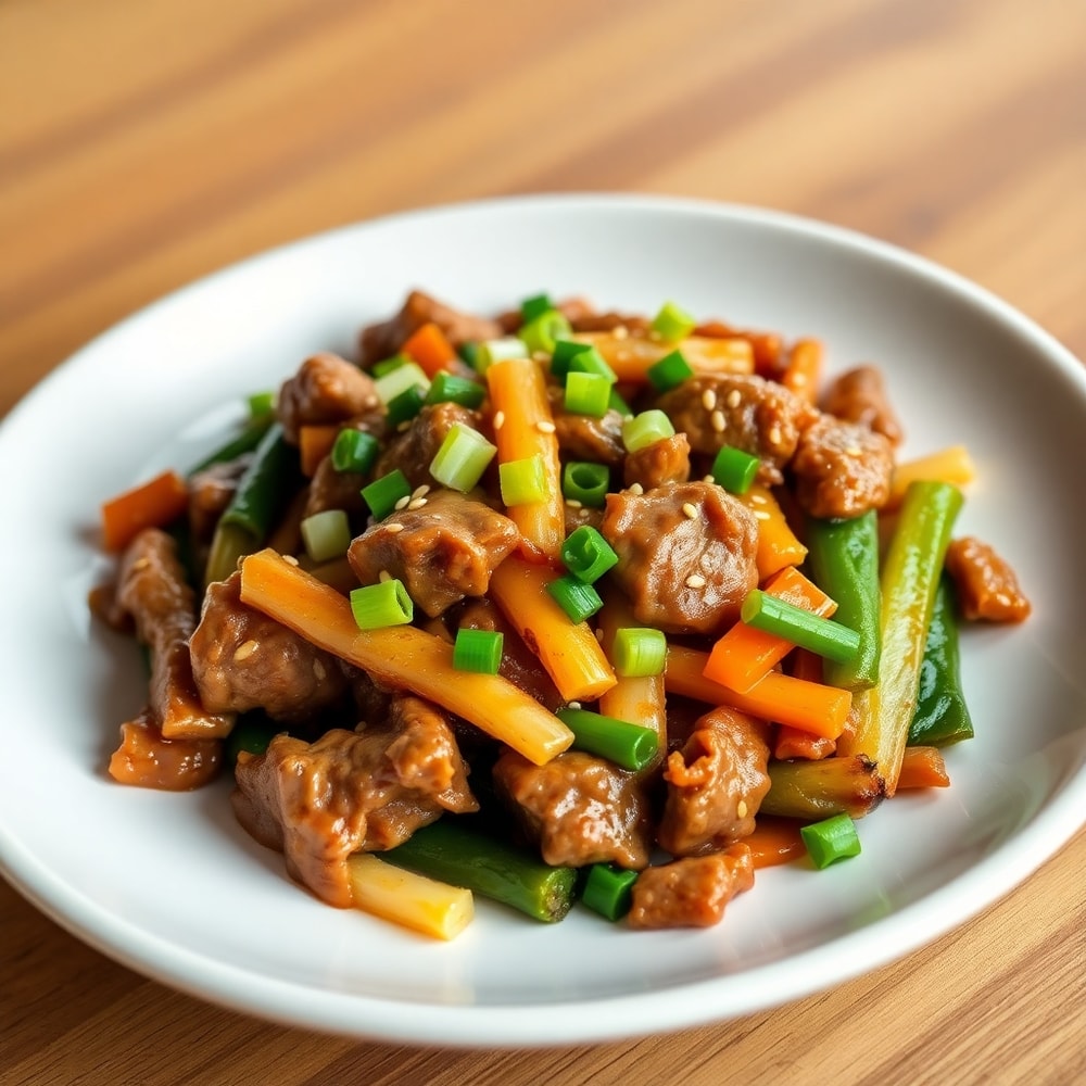 Plated beef stir fry with vegetables
