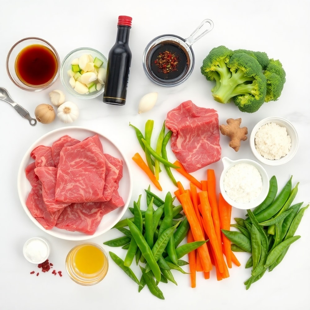 Raw ingredients for beef stir fry with vegetables