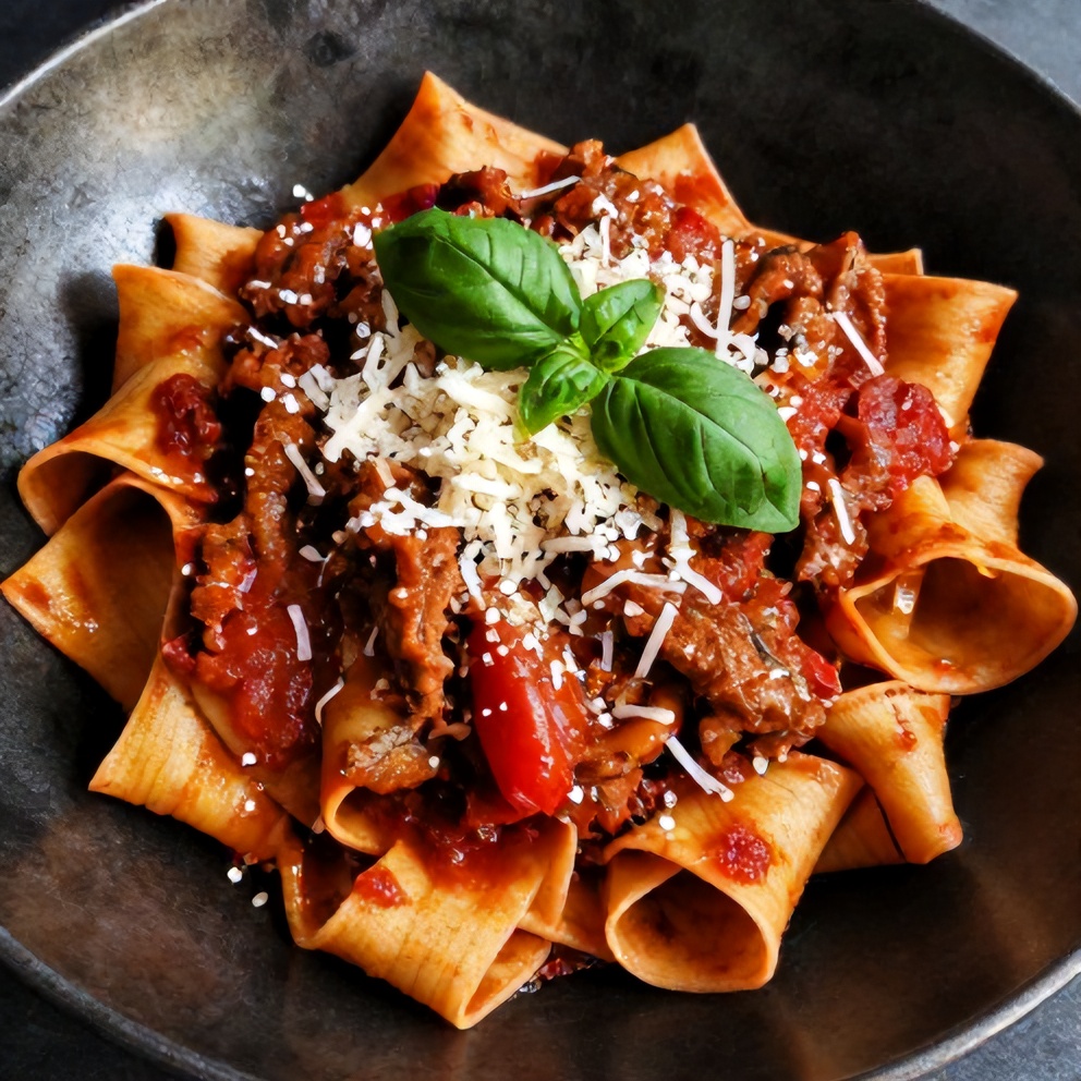 Plated beef tomato sauce with pappardelle