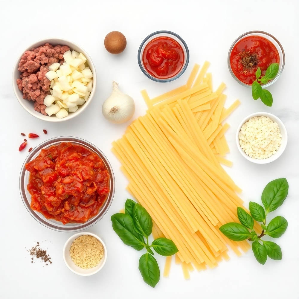 Raw ingredients for beef tomato sauce with pappardelle