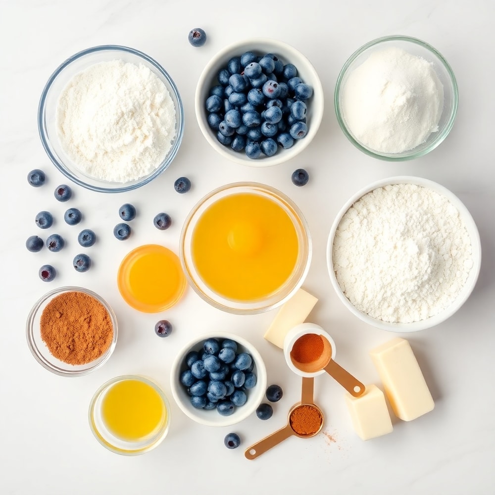 Blueberries, flour, sugar, eggs, butter, cinnamon, and other ingredients for blueberry cinnamon rolls