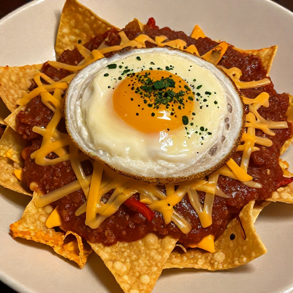 Plated chilaquiles with crispy tortilla chips, creamy salsa, melted cheese, and a fried egg