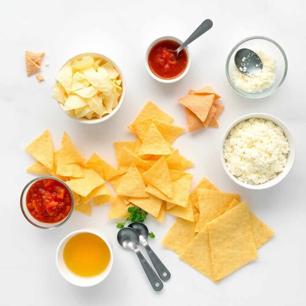 Chilaquiles ingredients including tortilla chips, salsa, cheese, and eggs