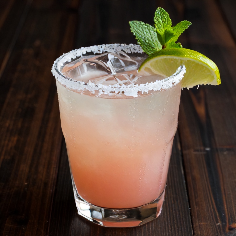A beautifully presented Prickly Pear Margarita in a glass with a salted rim, garnished with a lime wheel and a sprig of fresh mint, sitting on a dark wooden surface.