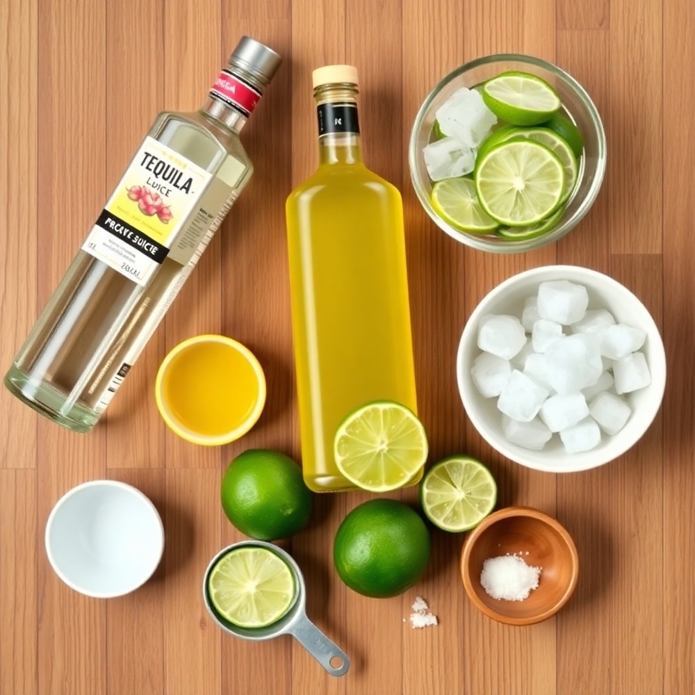 An overhead shot of tequila, prickly pear cactus juice, fresh lime juice, agave syrup, ice, lime wheels, salt, and a cocktail shaker on a wooden surface.
