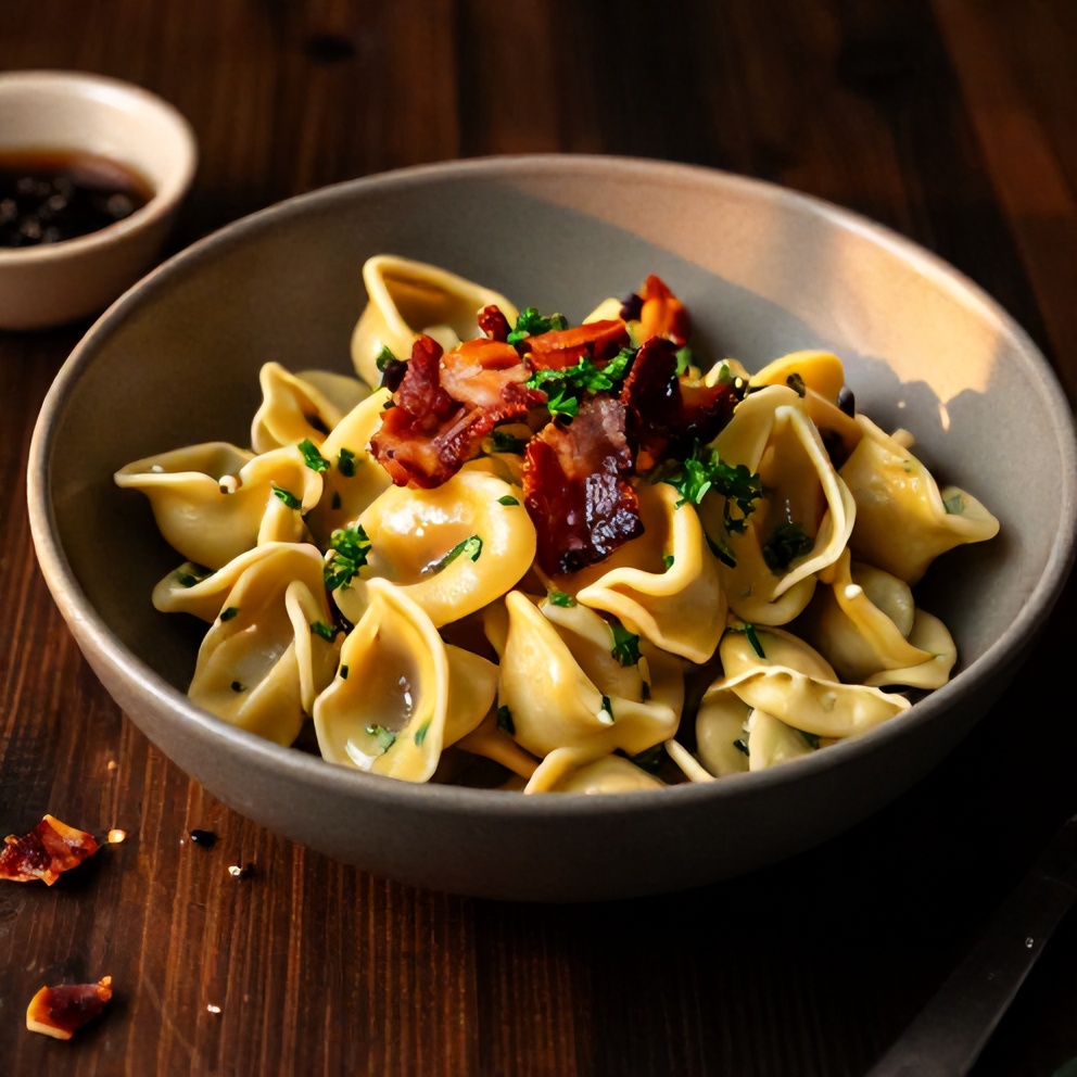 BLT tortellini pasta salad plated with crispy bacon, fresh lettuce, and juicy tomatoes